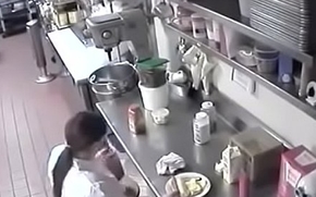 Woman raunchy masturbating with slay rub elbows with sausage of a customer'_s hot-dog